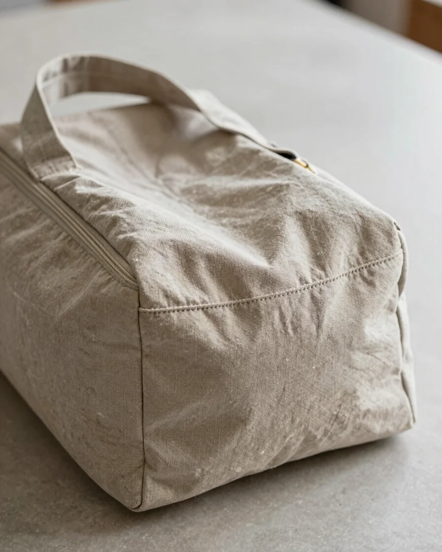 Documentary close-up of a finished bag on a neutral work surface, soft natural light, visible stitching and material tex