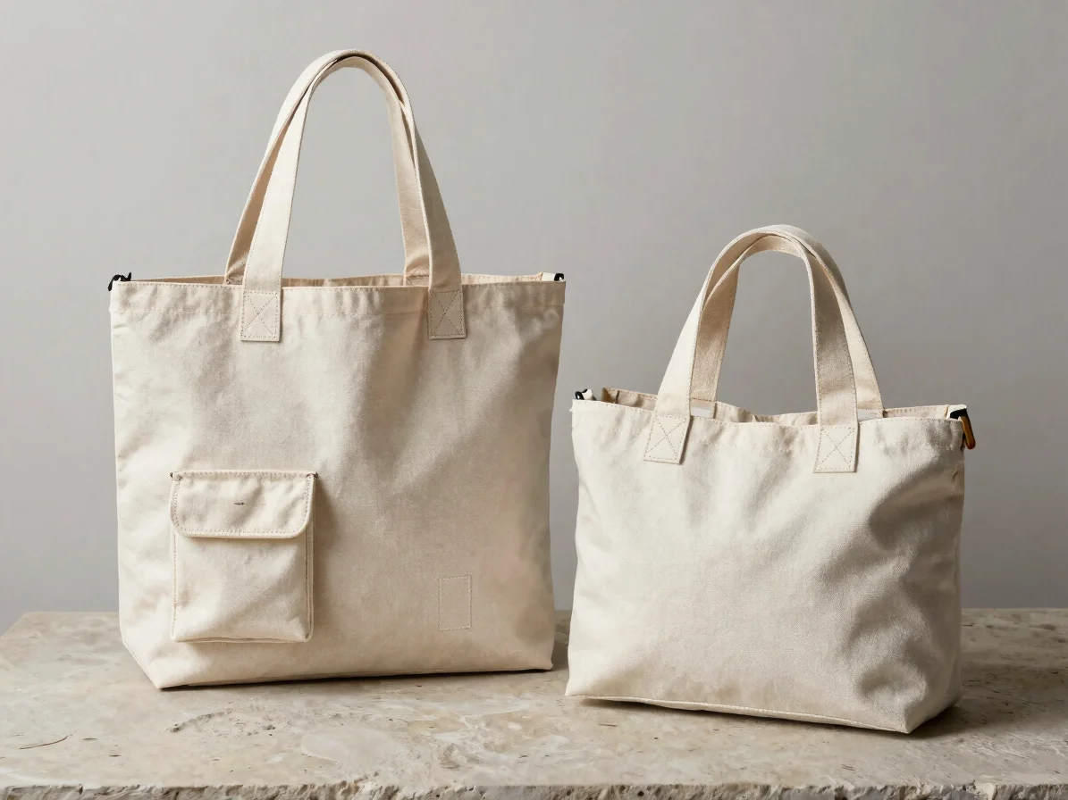 Straightforward product view of a finished canvas utility tote and a carry bag on a neutral stone surface, soft neutral