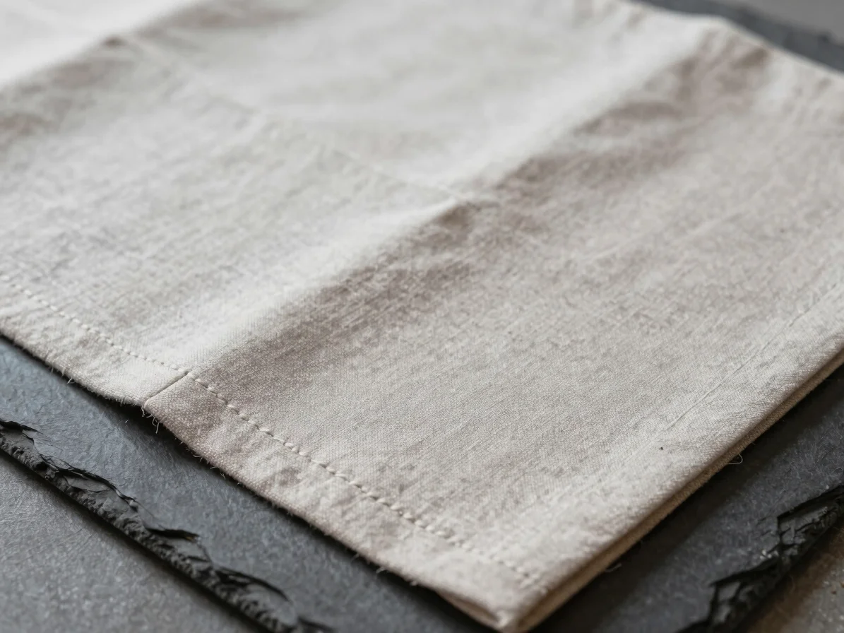 Close detail of a stitched fabric article on a slate surface, showing even seam lines and restrained material tones, sof