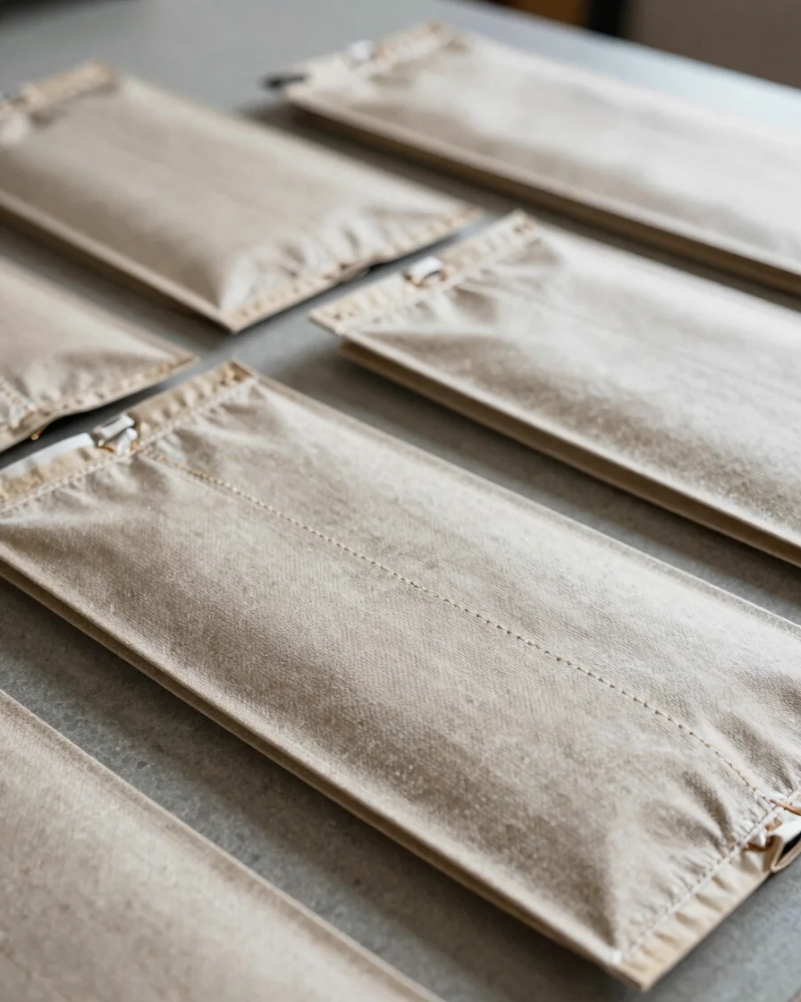 Documentary manufacturing photography of finished bags on a neutral work surface, soft natural light, close view of stit